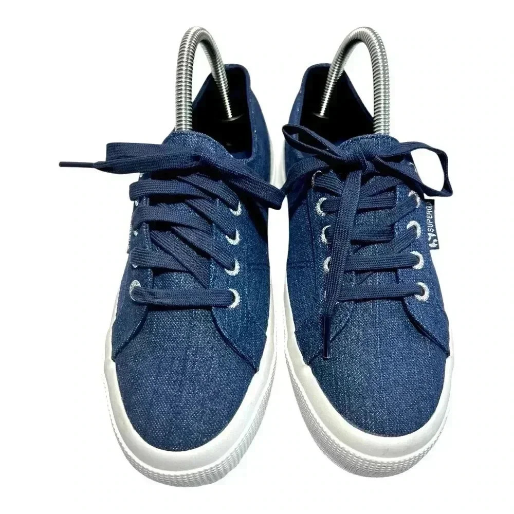 Superga 2750 Cotu Classic Blue Denim And Gold Shimmer Sneaker Women’s 7.5
